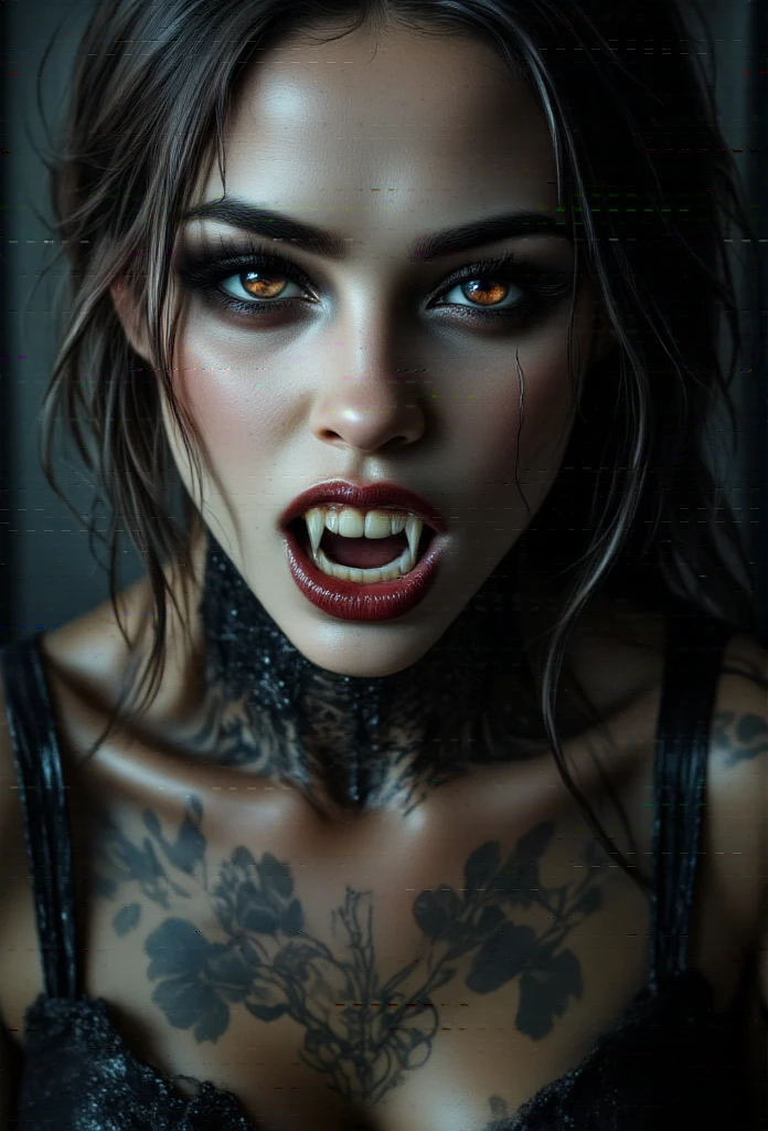 a woman with tattoos and a full body covered in lace, from her lips gently sprout her canines, gothic art, fantasy art, inspired by Luis Royo, gothic maiden, beautiful scary female vampire, fully tattooed body, beautiful witch spooky female, 8 k highly detailed, depth of field, full body view