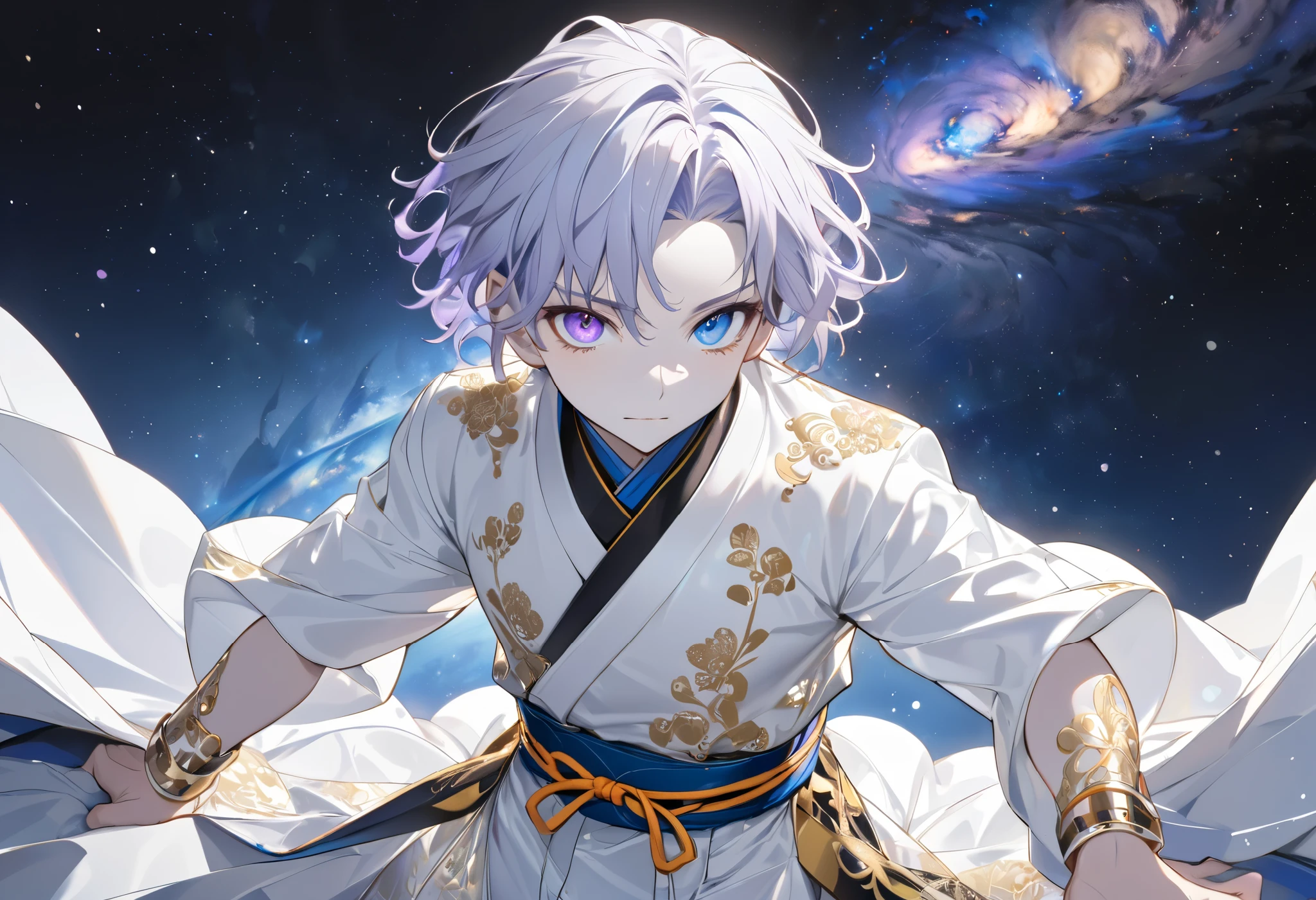  fresh illustration ,
Superfine painting,
 very delicate illustration ,
 Very fine details ,
 one boy,
 full body view,
Height: 158cm,
 white skin,
Right eye is purple ,
Left eye is blue,
 odd-eye,
Heterochromia Iris ,
 beautiful eyes,
 large black pupils ,
 cut neatly Hairstyle ,
 all back hairstyle ,
 short hair,
 shiny hair ,
Gray Hair,
 forehead sticking out ,
 cute faces ,
 pretty face
There is a shining angel ring on the back of the head,
 raised eyebrows ,
The upper body is in a kimono ,
 upper body is Japanese dress ,
 masculine body ,
 six pack ,
Super small breasts,
No boobs,
 lower body Nadres ,
The color of the belt is black ,
Overall white clothes ,
 tasteful embroidery with gold thread ,
 fine fabric clothing ,
 jockstrap,
 thigh strap ,
 thigh strap は肌に食い込んでいる,
 white long boots ,
 There are countless Japanese style ,
 number of fingers on the hands and feet ,
Slim waist,
細い足,
Isometric,
Golden Ratio,
god々 like atmosphere,
 wearing an inner layer with a blue padded collar ,
 outer space ,
Milky Way,
Little Star々 upper body ,
 tactical use of shadows ,
 free pose ,
 sexy pose,
Showing skin,
 Naughty Poses,
Adult pose,
Lewd,
 looking at camera,
 Buttocks facing the camera ,
transformation,
Clothes are transparent
Masochist pose 
