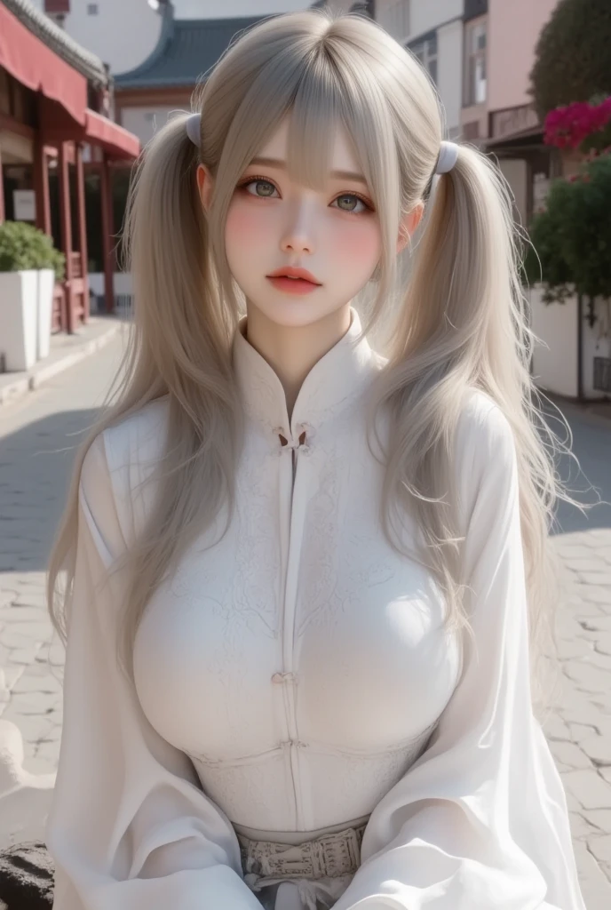 1 teenager,  white Taoist clothing with gray ,  REALISTIC IMAGE ,  full body,  sitting on a bench in a square , She appeared as a 15-year-old ,  green eyes and silver hair ,  looking innocent and shy with a flushed cheek,  big breasts 
