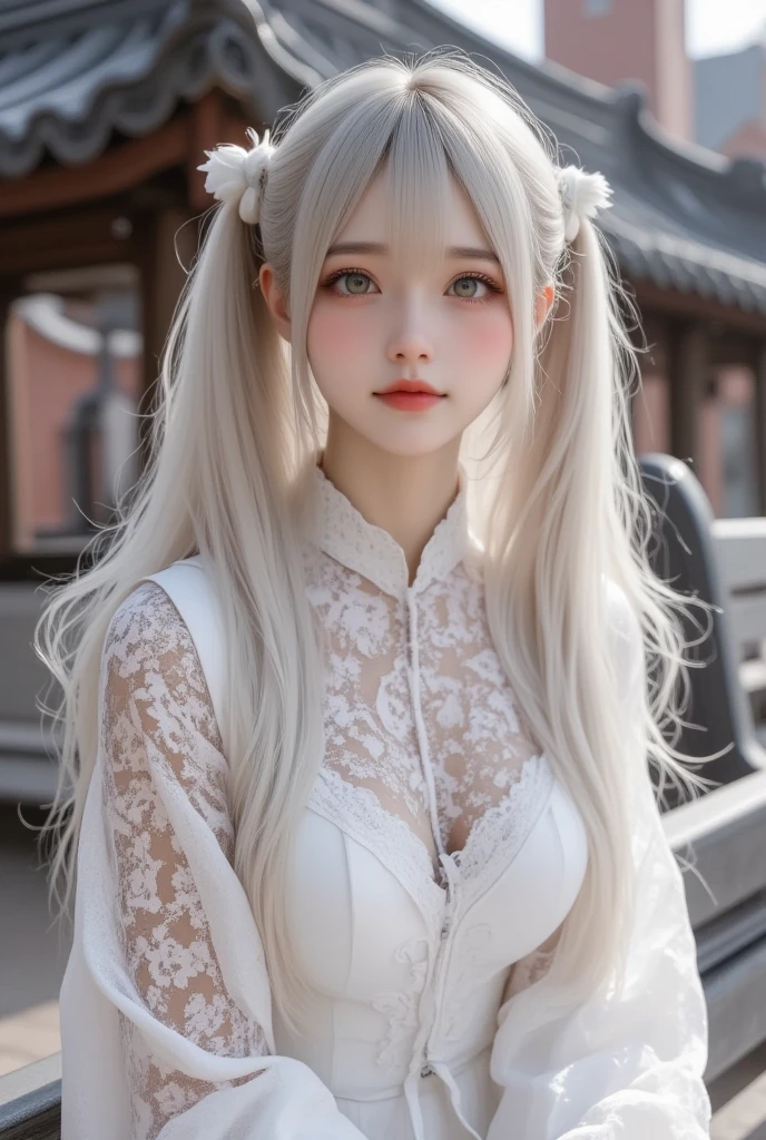 1 teenager,  white Taoist clothing with gray ,  REALISTIC IMAGE ,  full body,  sitting on a bench in a square , She appeared as a 15-year-old ,  green eyes and silver hair ,  looking innocent and shy with a flushed cheek,  big breasts 
