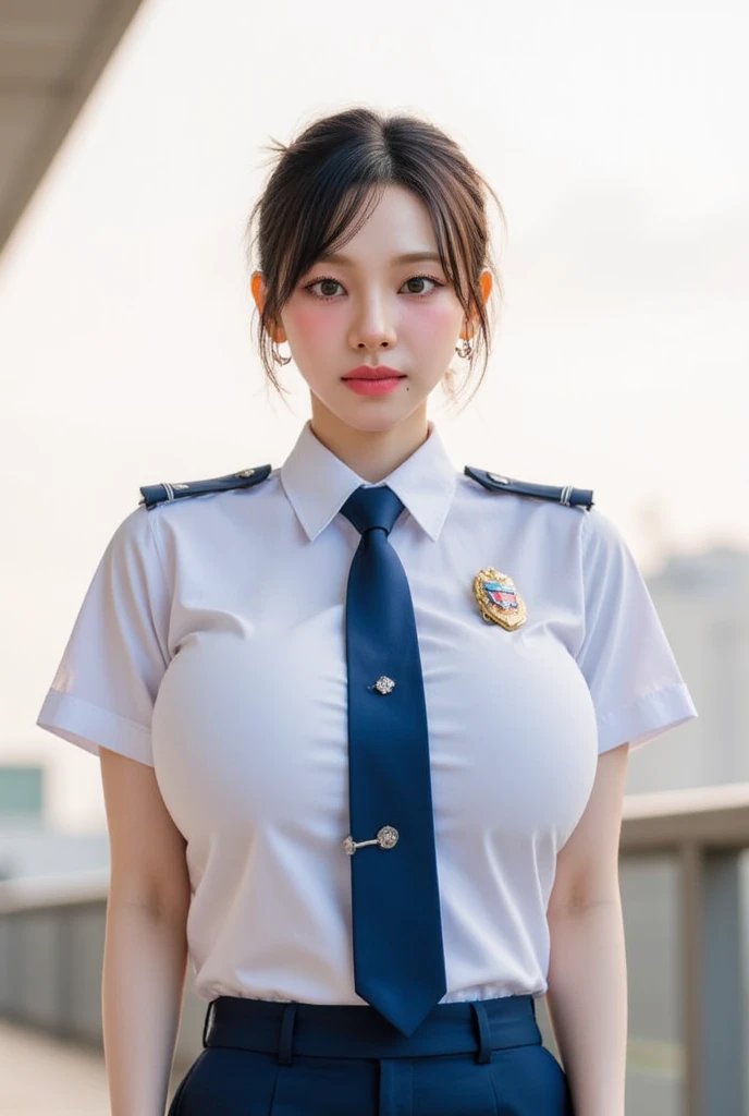 (masterpiece,  best quality: 1.2), Alone,(((Low-angle shot))), (Dress up as a security guard ), Security Officer , uniform white shirt, blue pants , blue tie , black hair, short haired , My hair is slightly longer than my shoulder, blush ,(blush:1.5)The sun is rising,  big boobs, huge boobs ,smart nose,Slight hands ,bright lights,(( angry expression)),
