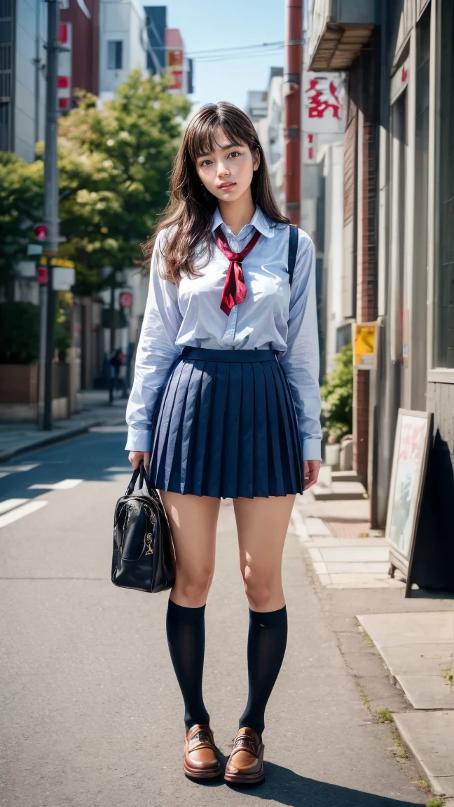 a beautiful 18 year old Japanese high school girl with perfect anatomy, healthy thighs, beautiful legs, beautiful skin, random hair color and style, large breasts, (wearing a Japanese schoolgirl uniform:1.3), (she is standing:1.2), penny loafers, holding a student bag, full body shot, standing on a city street, (best quality,4k,8k,highres,masterpiece:1.3),(extremely detailed:1.2),photorealistic,ultra-detailed,vivid colors, studio lighting, professional, Haruna Kawaguchi