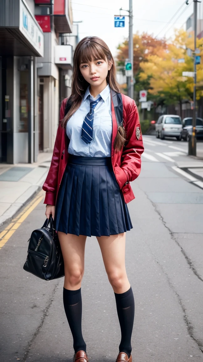 a beautiful 18 year old Japanese high school girl with perfect anatomy, healthy thighs, beautiful legs, beautiful skin, random hair color and style, large breasts, (wearing a Japanese schoolgirl uniform:1.3), (she is standing:1.2), penny loafers, holding a student bag, full body shot, standing on a city street, (best quality,4k,8k,highres,masterpiece:1.3),(extremely detailed:1.2),photorealistic,ultra-detailed,vivid colors, studio lighting, professional, Haruna Kawaguchi