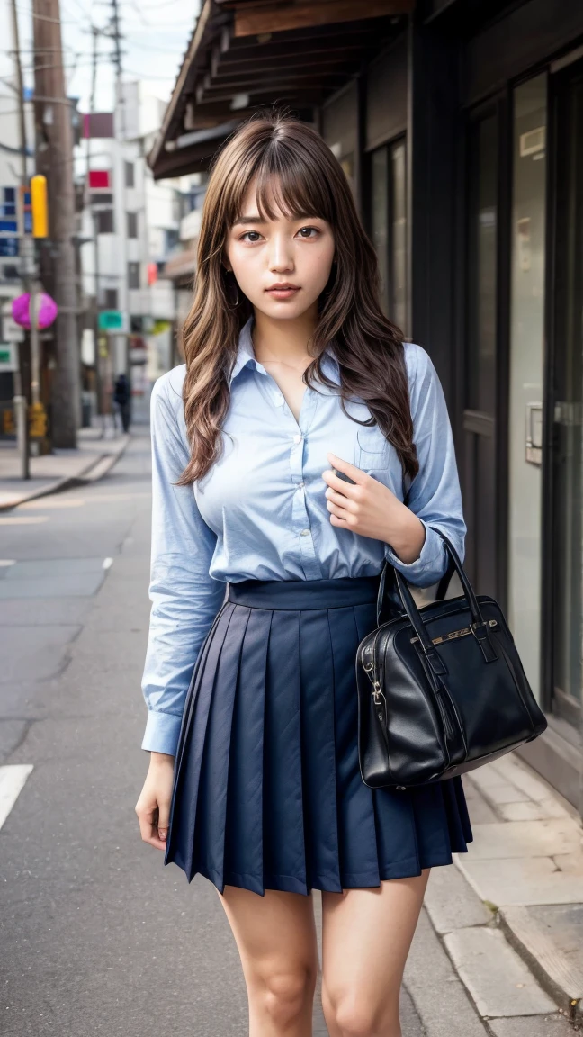 a beautiful 18 year old Japanese high school girl with perfect anatomy, healthy thighs, beautiful legs, beautiful skin, random hair color and style, large breasts, (wearing a Japanese schoolgirl uniform:1.3), (she is standing:1.2), penny loafers, holding a student bag, full body shot, standing on a city street, (best quality,4k,8k,highres,masterpiece:1.3),(extremely detailed:1.2),photorealistic,ultra-detailed,vivid colors, studio lighting, professional, Haruna Kawaguchi