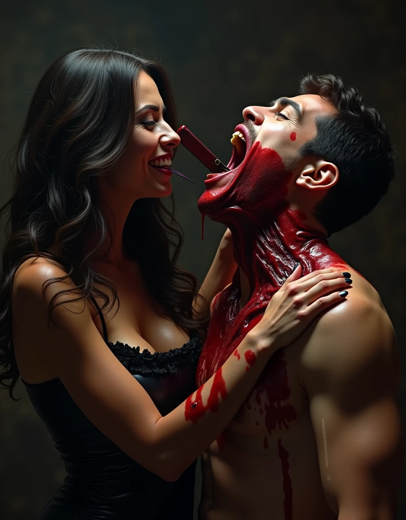 Man lying on the ground with blood and a woman dressed as a sexy bunny standing in front of him laughing