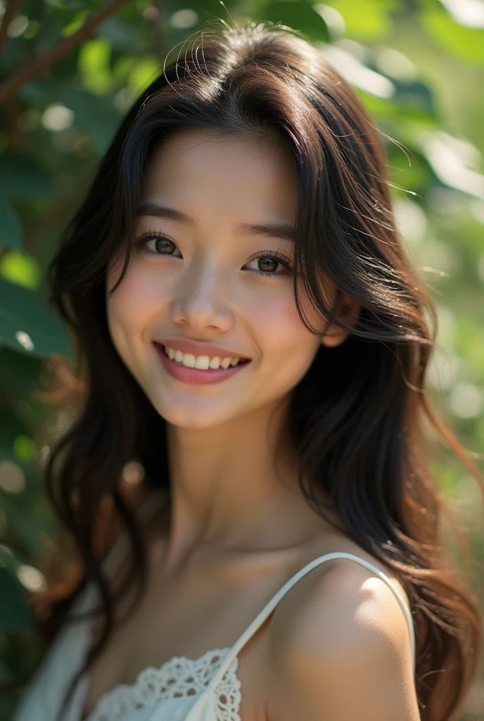 Beautiful 20 year old woman。she is wearing a satin camisole。Lace on the chest and hem.。she looks ecstatic 。she is smiling and winking. her dark brown hair、High resolution、masterpiece、highest quality、Head w:1.0、((Hasselblad Photos))、fine skin、fine knit、(movie lighting)、clavicle . 