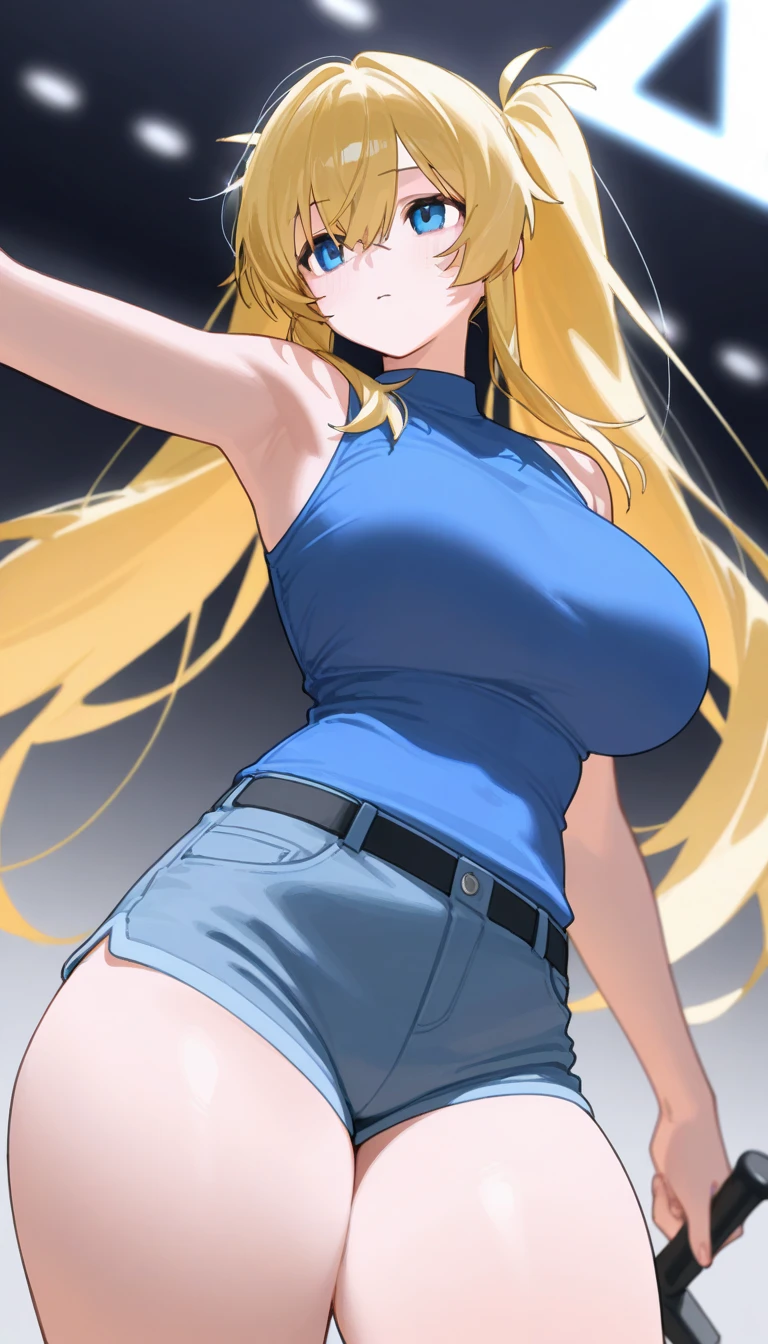 Big Breasts、 thick thighs、Slim model body、sleeveless blue shirt、Woodpecker's Hot Pants、 blonde twin tail、