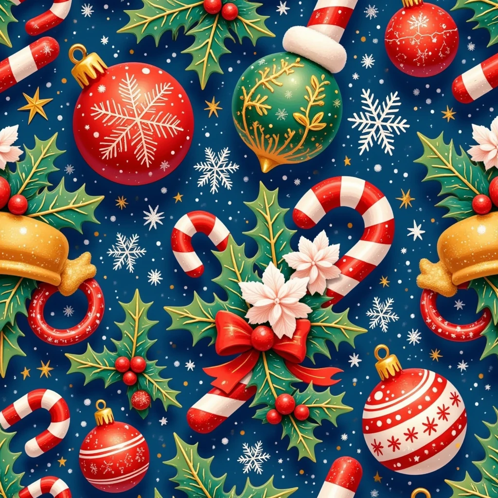 A seamless pattern featuring elegant, small-scale motifs arranged diagonally for a classic tie look. The design includes golden snowflakes, red and green ornaments, candy canes with bows, and tiny holly clusters with berries. The background is a deep navy blue or dark emerald green, adding a sophisticated contrast to the festive elements. Subtle twinkling stars and fine lines in silver thread weave between the motifs, creating a refined and festive aesthetic without being overwhelming