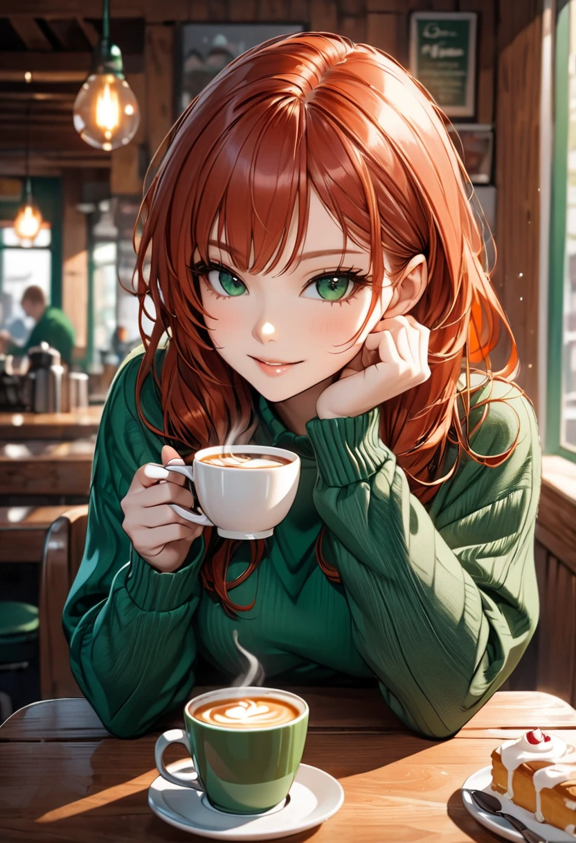 beautifull redhead eith bang girl in green sweter with cup of hot coffe HD