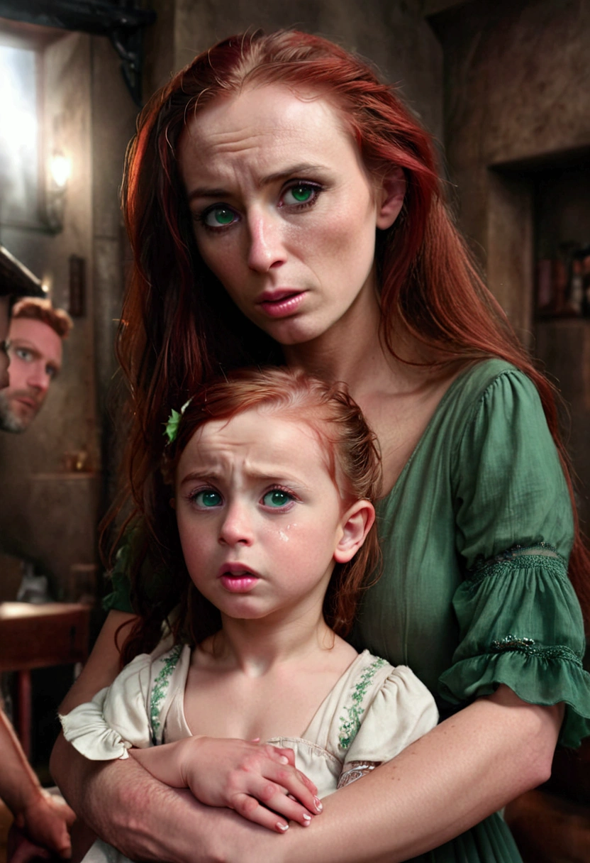 A beautiful young woman with long red hair holding , green eyes a small baby in her arms, the 's father is a stern-looking man with a hooked nose, ethereal lighting, detailed realistic portrait, cinematic composition, dramatic chiaroscuro lighting, deep emotional expression, cinematic quality, 4k, masterpiece, highly detailed, photorealistic