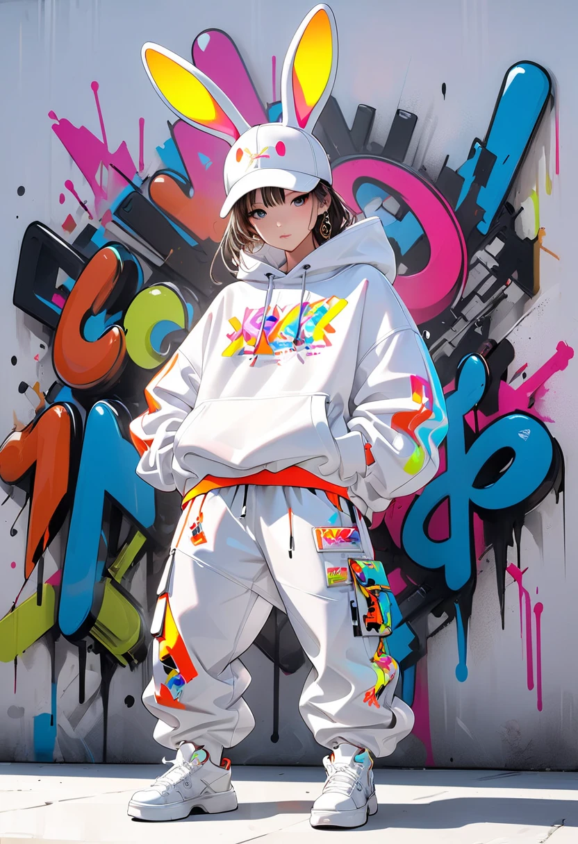 an art exhibition gallery all white studio. Inflatable rabbit, fluorescent color, wearing hip hop style clothing. white sweatpants and white sweatshirt with graffiti prints on the clothes. in a street dance style. on a white stage.