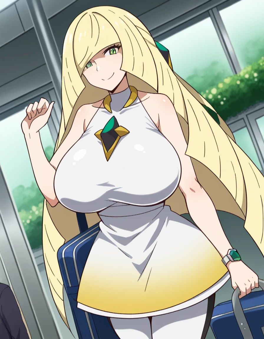 score_9, score_8_ up, score_7_ up,  source_Anime, pokemonlusamine, Blonde,  green eyes, Hair on one eye,  long hair,  multicolored hair,  striped hair, very  long hair,, Bare arms,  diamond with s (shape),  dress, gem, green gemstone, leggings, short  dress,  sleeveless ,  sleeveless   dress, white  dress, white leggings,, station,  waiting for the train, Suitcases, trip, commute,  the city skyline , smile,  Watch viewers, Alone,,  cowboy shot,  Dutch Angle、 zzz c  up , Exploding chest,特大の Big Breasts,Big Breasts, Big Breasts,超Big Breasts, s upermilk ,big Breasts,big Breasts,Big Breasts,Big big breasts,bigger breasts,big,セクシーな大きなシリコンの Big Breasts,セクシーなビッグサイズのシリコン製Big Breasts, saggy breasts,((垂れ下がった Big Breasts)),((重く垂れた Big Breasts:1.5))、Obscene body,Fat ,,  Erotic Manga Style Body  、  mature body steam  、 Sir's huge  、 Sir's huge  、 Too exaggerated  、 extra large、 over covered ,  hidden chest erection  、  abs