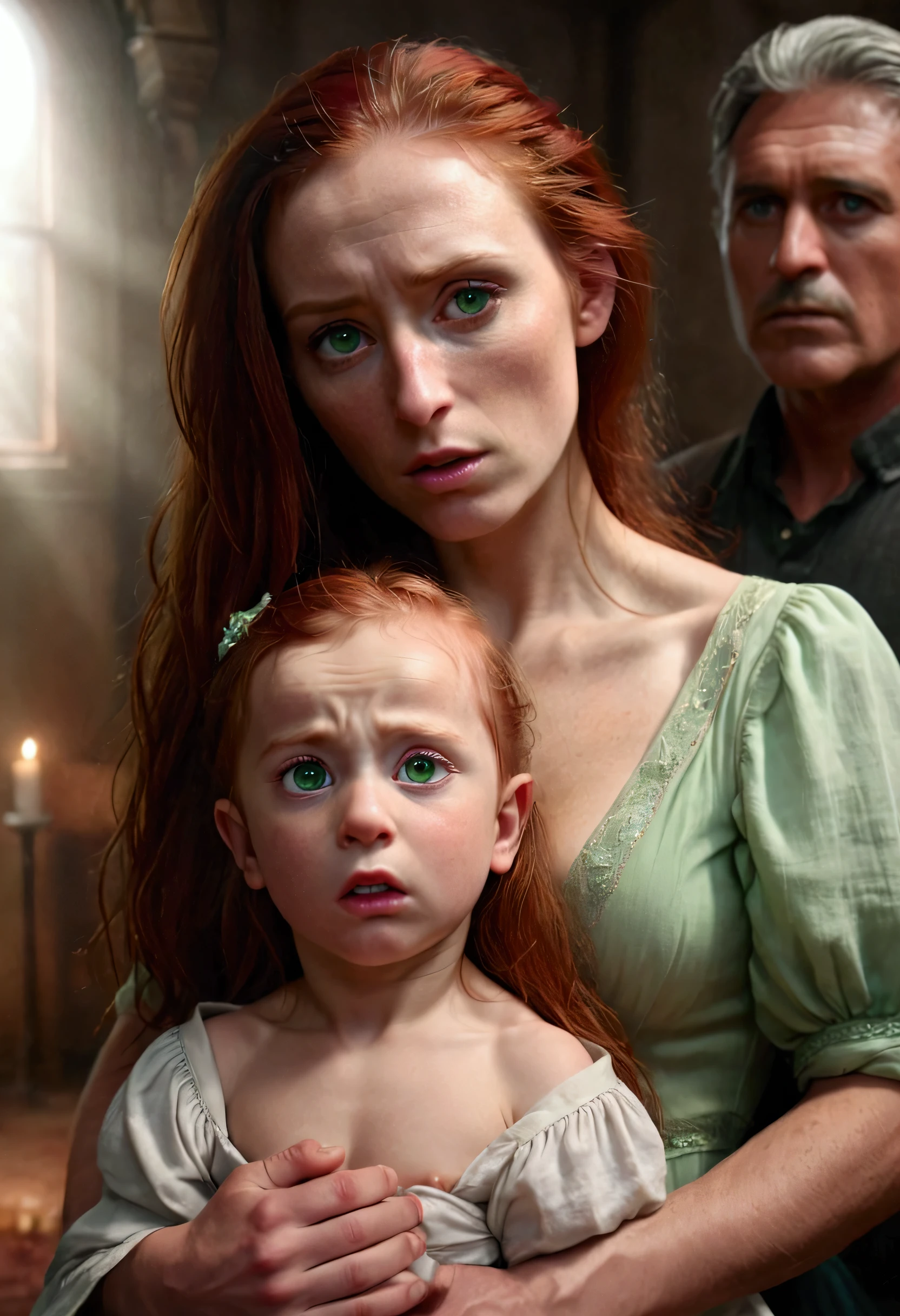 sexual abuse:1.464, A beautiful young woman with long red hair holding , green eyes a small baby in her arms, the 's father is a stern-looking man with a hooked nose, ethereal lighting, detailed realistic portrait, cinematic composition, dramatic chiaroscuro lighting, deep emotional expression, cinematic quality, 4k, masterpiece, highly detailed, photorealistic