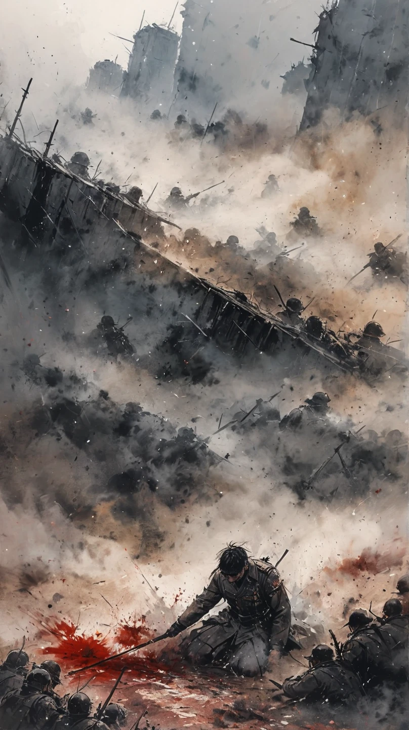 Painting of a battlefield with black rain . A picture of a battlefield with dust, smoke, and blood . A boy in the shape of a white smoke sitting in the middle of the battlefield with his head bowed down. Soldiers in uniform are falling or falling down on the battlefield . Watercolor painting . Painting of a battlefield with dust, smoke, and blood . The boy's figure consists of white smoke like a blank sheet of paper. There is no flag on the clothes