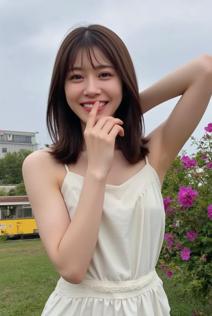 ( RAW photos ,  top quality ), ( realistic ,  photorealistic :1.3), masterpiece,  very delicate and beautiful, Soft light, (Brown Hair,  straight shoulder-length hair fluttering in the wind),  beautiful meticulous girls at Flower Park, ( Detailed Fingers ),  extremely detailed eyes and face ,  beautiful detailed nose,  beautiful detailed eyes,  1 girl,  Japanese ,  pretty and clean beauty, cute, young, ((white dress)),  pants, (half body:1.3), (Big Breasts:1.2),  realistic  face,  realistic  body,  standing