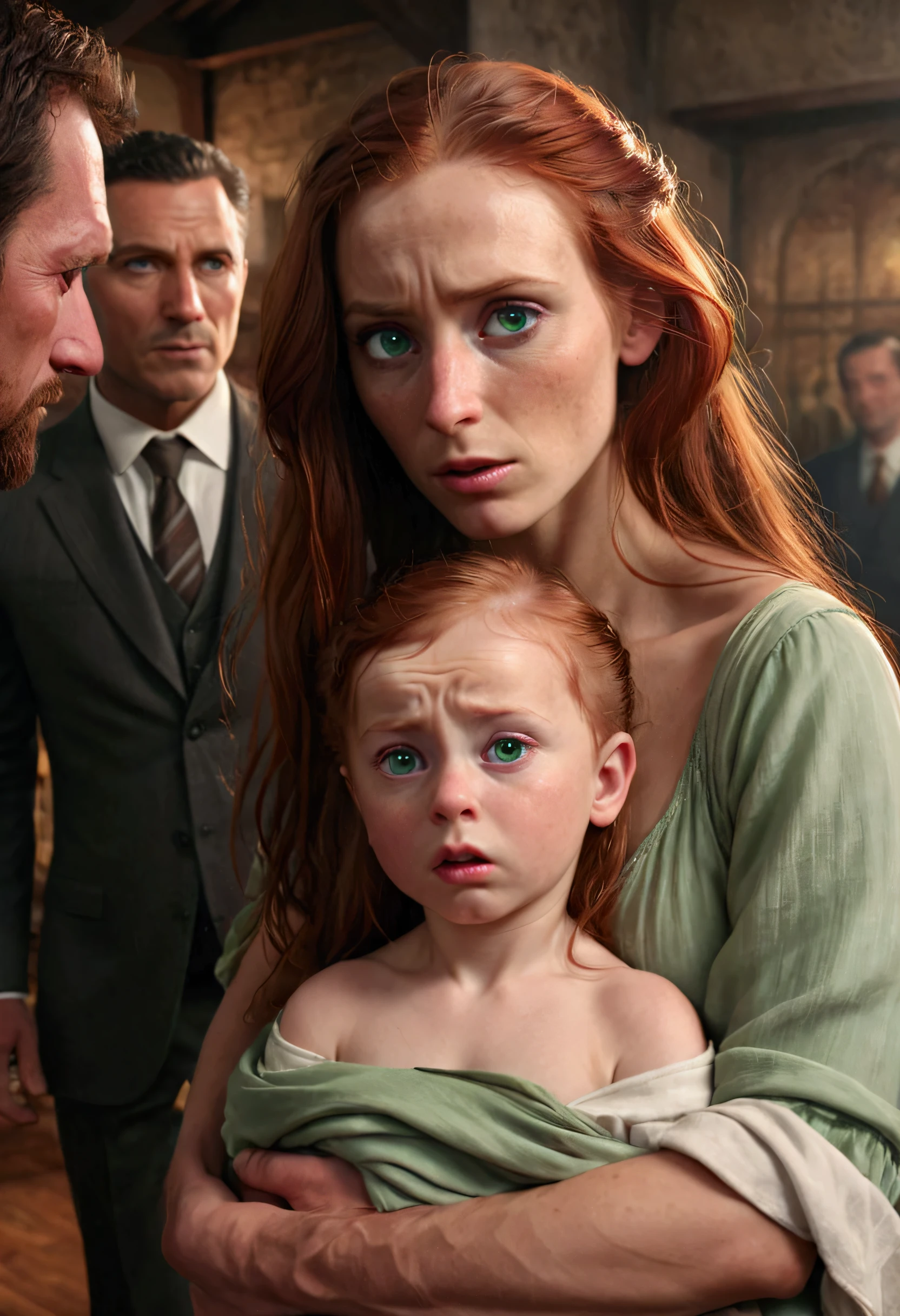 imminent rape:1.464, A beautiful young woman with long red hair holding , green eyes a ********** in her arms, the 's father is a stern-looking man with a hooked nose, ethereal lighting, detailed realistic portrait, cinematic composition, dramatic chiaroscuro lighting, deep emotional expression, cinematic quality, 4k, masterpiece, highly detailed, photorealistic