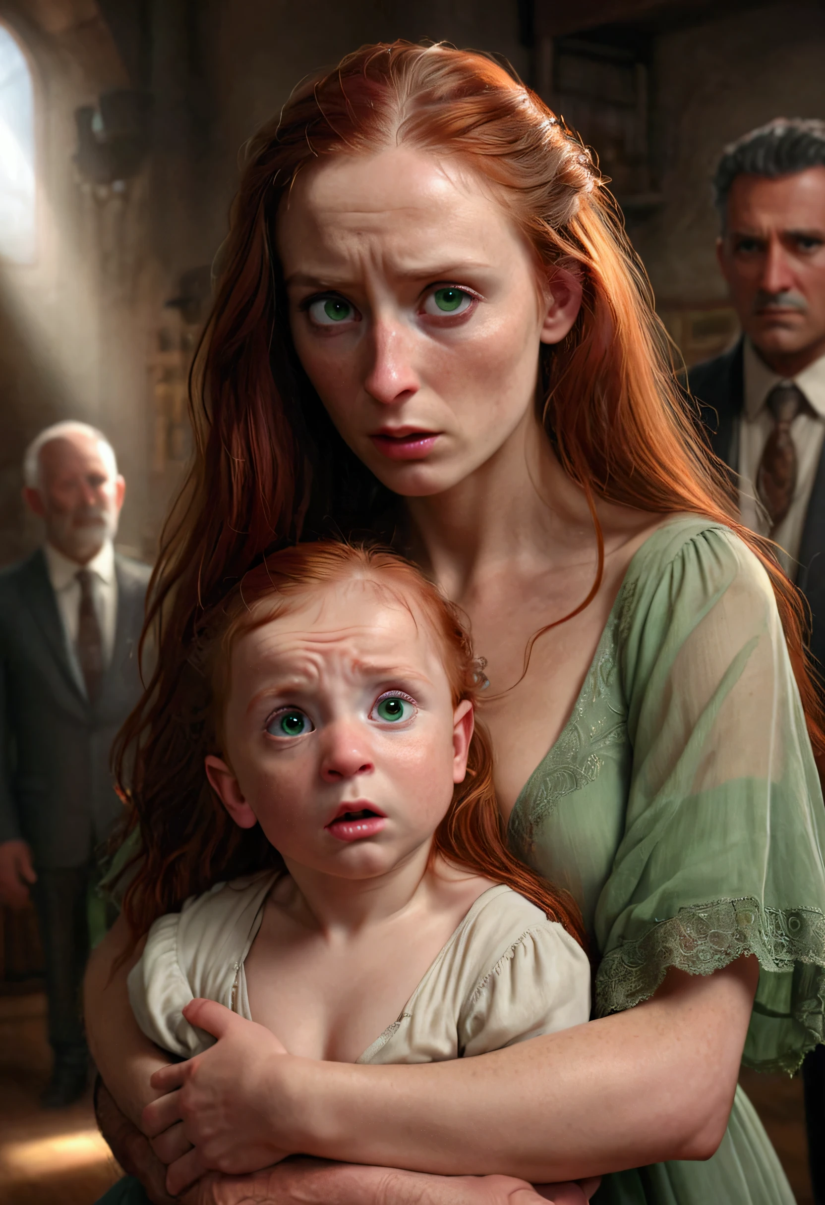 imminent rape:1.464, , A beautiful young woman with long red hair holding , green eyes a small baby in her arms, the 's father is a stern-looking man with a hooked nose, ethereal lighting, detailed realistic portrait, cinematic composition, dramatic chiaroscuro lighting, deep emotional expression, cinematic quality, 4k, masterpiece, highly detailed, photorealistic