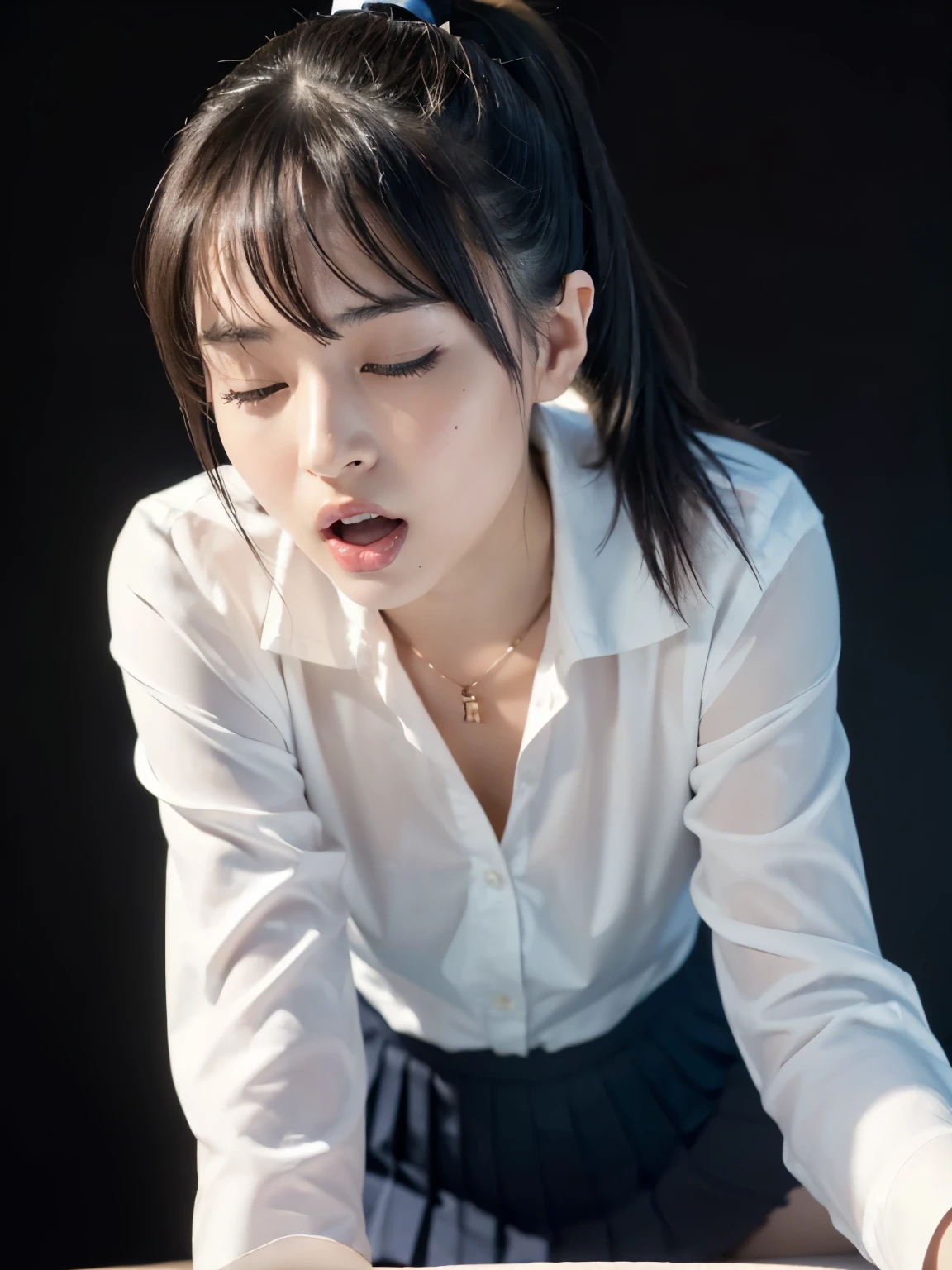 (close eyes:1.5),(masterpiece:1.2), (highest quality), (visible all over:1.3) ,(Super detailed), (8K, Complex), (lens 135mm,F1.8), (realistic)(black background:1.3), portrait photography, side lighting,edge lights up,best shadow,Area light source,perfect anatomy,perfect face shape,perfect for women,finest female body,improves skin texture,fine cloth pattern,Precise beauty,delicate and delicate skin,highly detailed skin,pale skin,delicate hair,glowing skin,Highly detailed face and skin texture, shiny skin, vivid details, supe realistic, Fine and beautiful skin, 1 female, 30 years old, japanese woman, (thin:Weight 1.0), ((high ponytail, bangs:1.3)),perverted woman, (school uniform, white blouse, Navy blue Pleated Skirt, nipple), (((Cowgirl))), A buttoned-up shirt flaps), necklace, (((frown、open your mouth、narrow your eyes))), (((from below:1.5, looking at the viewer:1.3, close up))), Female dog, NSFW, natural lerge breast