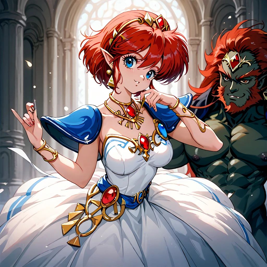 (( top quality )), ((masterpiece)), ( Details), （ perfect face）、Yoko Asagiri with red hair wears a white dress from Princess Hyrule, Princess Zelda, and smiles at Ganondorf in a pose showing off her charming body