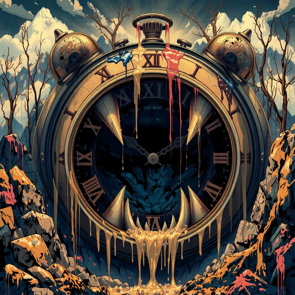 The image depicts a large, ominous clock face with a gaping maw filled with sharp teeth. The clock is set against a surreal backdrop of bare trees, rocky cliffs, and streaks of vibrant color. The clock's face is worn and weathered, suggesting the passage of time. The dripping paint adds a sense of decay and decay to the image, further emphasizing the theme of time's relentless march. The contrast between the clock's menacing appearance and the vibrant colors creates a jarring and unsettling atmosphere. The overall image evokes a sense of foreboding and the feeling that time is both a powerful force and a relentless enemy.