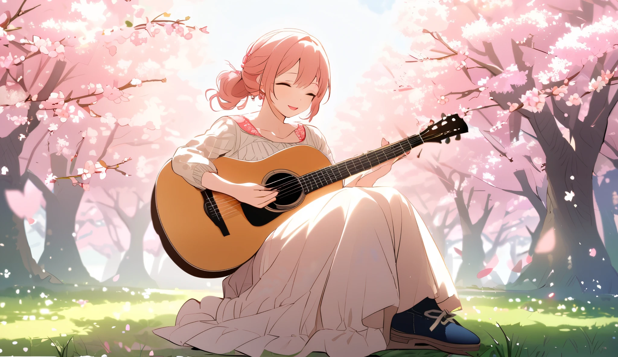 detailed illustration, masterpiece, natural lighting, midday, digital artwork, extremely detailed, cute dress, extremely detailed clothes, forest background, bushes, cherry trees, noon, dusk, spring, fall, natural lighting, girl, perfect anatomy, detailed eyes, blush, small breasts, messy hair, necklace, earrings, legs in pool, wet legs, a lot of small clouds, sitting on rock, pink leaves on ground, mountains in the back, furukawa_nagisa_clannad, playing ukulele, pink under wear, pink panties,pink hair, cherry blossom tree background,playing ukulele, white cat touching her