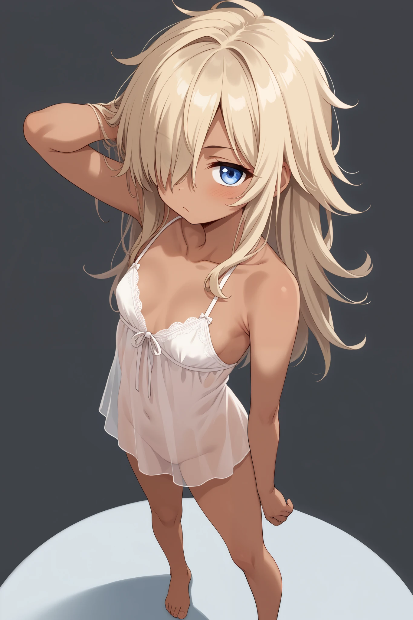 short stature, (anime), (tomboy:1.2), dark-skinned girl,  (tareme:1.5), 9yo ,((petite:1.5)), small breasts, messy hair,  long hair, (hair over one eye:1.2), nsfw, (girl's eyes color is light blonde), light blonde hair, barefoot,

(simple background),  girl standing, (cowboy shot), pov

white babydoll on nude