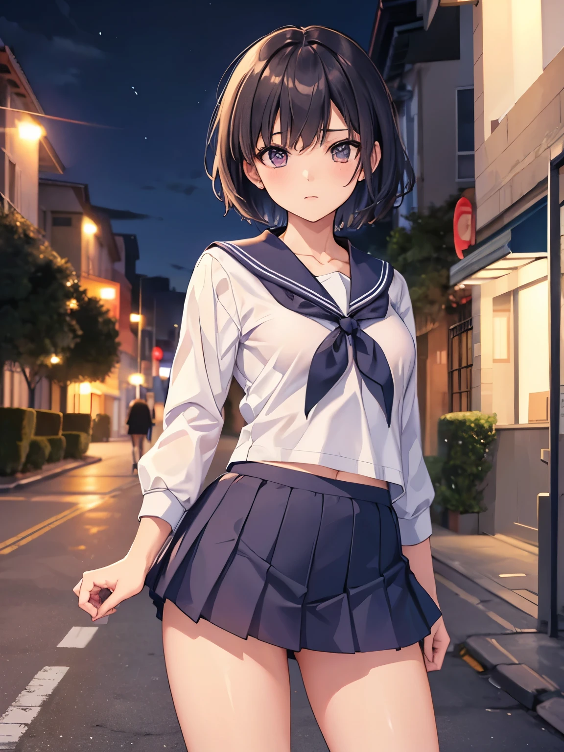 masterpiece,  top quality ,  high definition ,   short hair,  sailor suit、 College Student 、 miniskirt、 panties、 standing,  cowboy shot,  outdoors on the street at night,  ahehe,nsfw,