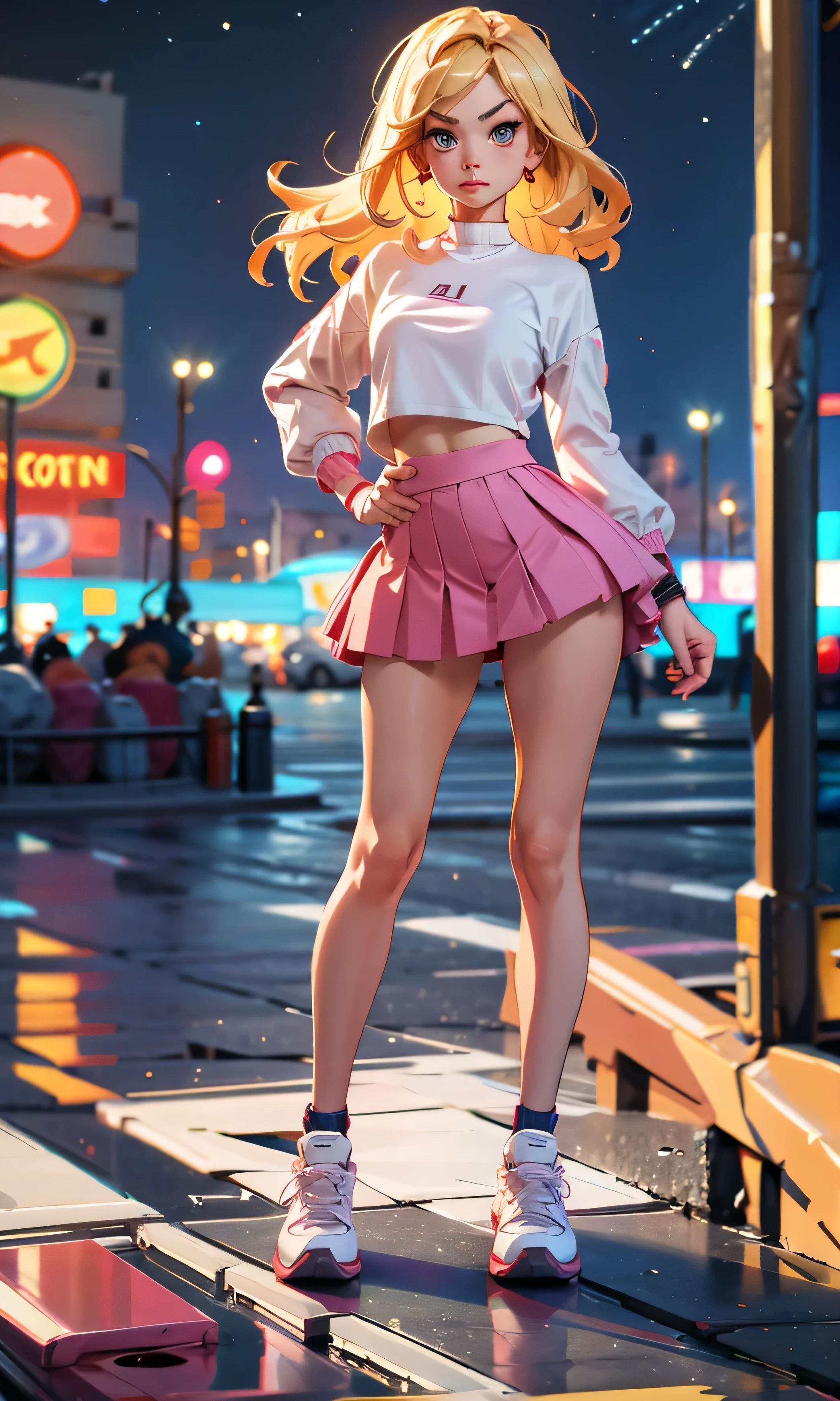 masterpiece, 1 girl, beautiful, slim, head on, Looking at the viewer, long hair, blond hair , brown eyes, arched eyebrows , Full body , pretty legs, abdomen plano, Kpop outfit , pink tutu , white top, sports shoes , (((desnuda))), On a bridge playground, dark sky,