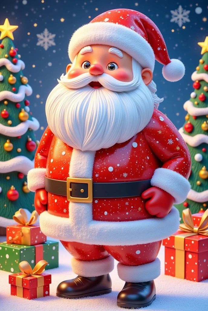 A Santa Claus, kind expression, white beard, red clothes, Christmas presents, Christmas tree.Christmas atmosphere, in the style of 8k 3d, made of liquid metal, collecting and modes of display, shot on 70mm 3d , Octane Render, bright light, full body, 8K, best quality,