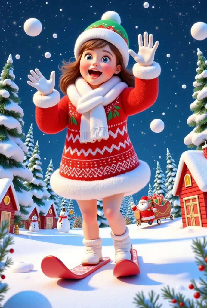 This is a digital illustration in C4D style, 3D cartoon look. Christmas joy of children playing in the snow. the woman in the foreground is skiing, Christmas outfit, wearing a red patterned sweater, white skirt, white boots and green woolen hat, white gloves and white plush scarf, she is running and throwing snowballs at the camera, eyes looking at the camera.There is also Santa Claus delivering gifts in the distance,  fisheye lens, full body shot, the scene is set in a snowy forest in the dark night, the background is a dark night with stars, there are Christmas snow houses and snowmen, snow-covered branches, Christmas atmosphere
