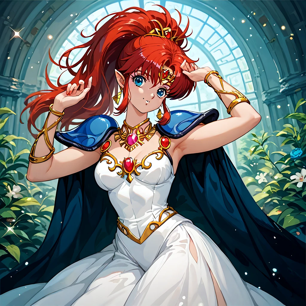 (( top quality )), ((masterpiece)), ( Details), （ perfect face）、Yoko Asagiri, who has red hair, wears a white dress by Princess Zelda of Hyrule and smiles at Ganondorf in a pose that shows off her attractive body as Princess Yoko