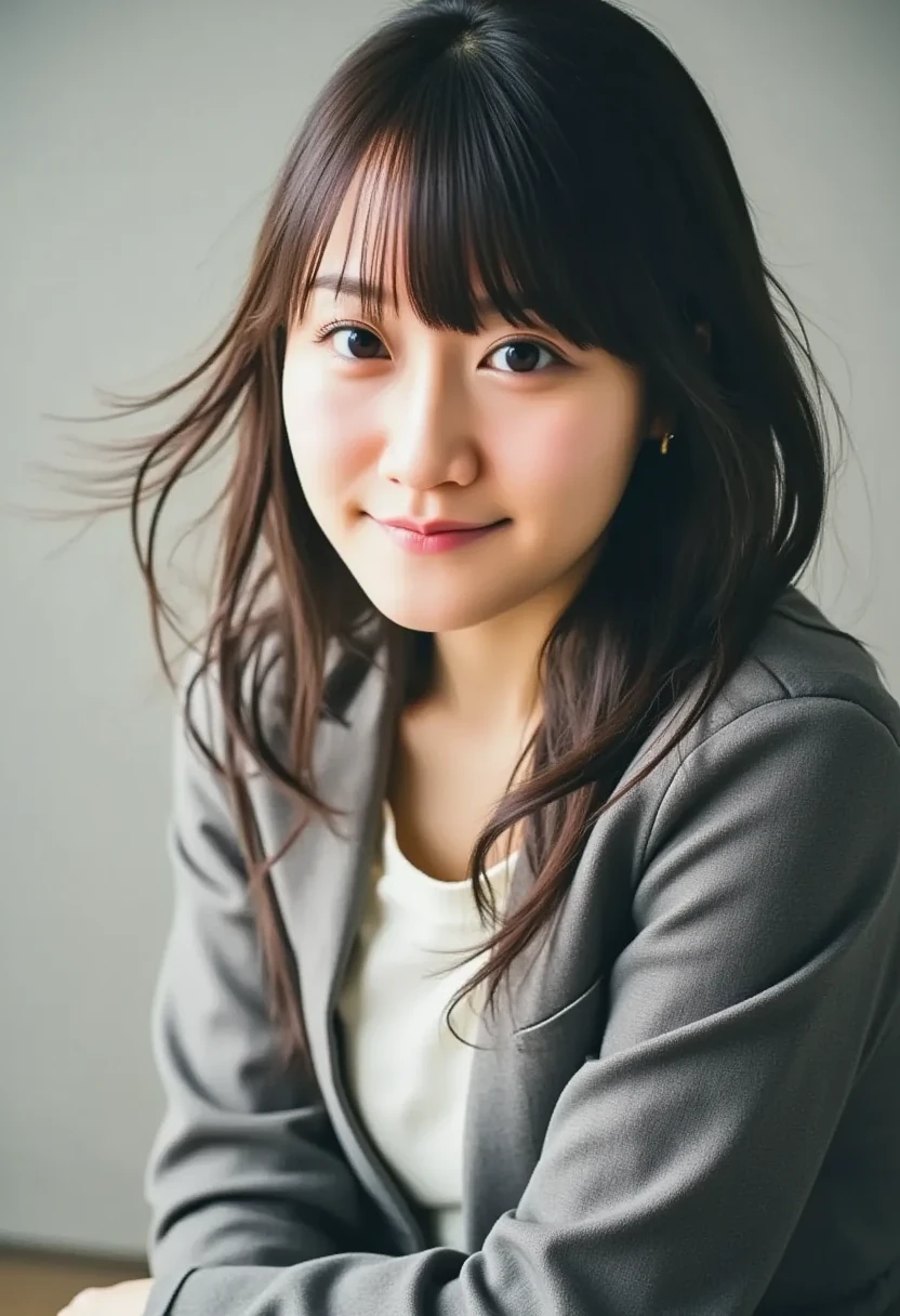  score_9, score_8_ up, score_7_ up, s uper detailed,   Hausmo Style   ,    Beautiful face and eye details with forward curves ,   1 Japanese girl   ,   black hair,    straight hair that holds the top of clothes,amount,smile,   business suit,  VANISHING OVER,Hands on knees,  ,crop,  modern style fitted jacket   。   from the viewpoint of   ,   pin viewers 