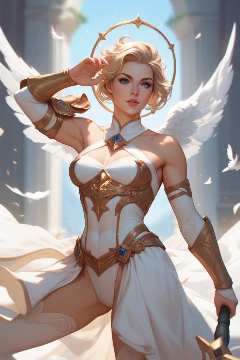 Create an image of Riven in her newest skin, 'Sentinel,' from League of Legends. She’s dressed in elegant, gold and white armor with celestial motifs. Riven is using her 'Broken Wings' ability, with glowing energy emanating from her reforged blade as she performs a series of swift and powerful slashes.