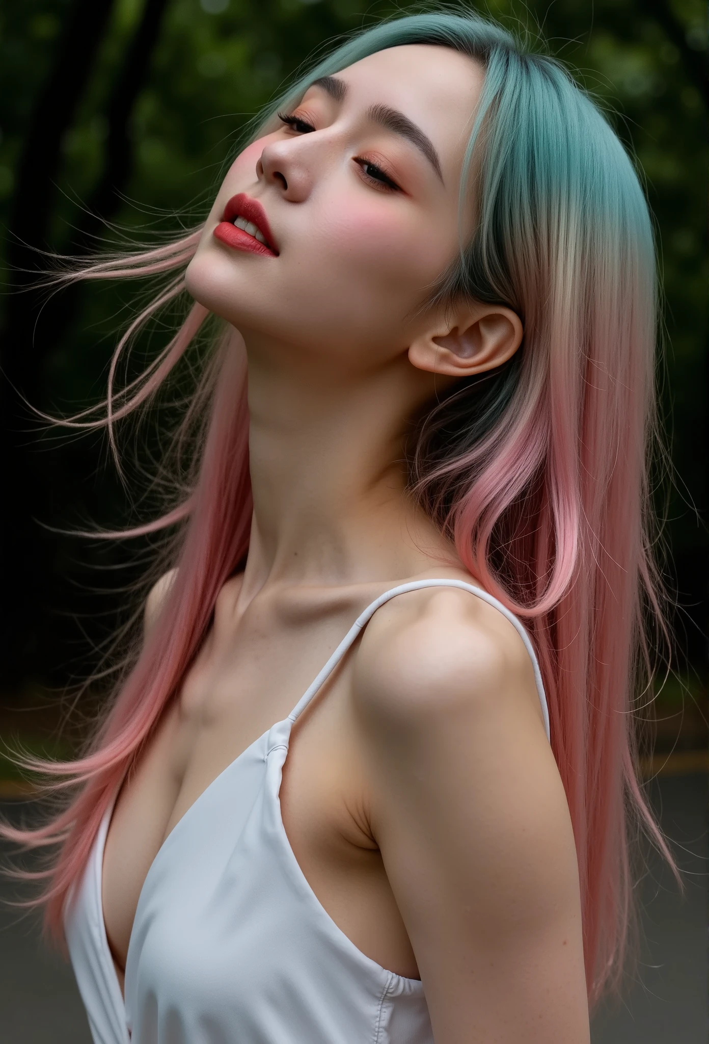 low angle side view portrays a woman with long, honey skin, sleek gold pink, blue and green hair spreads, styled in soft, natural waves that frame her face. She exudes a sultry yet elegant allure, wear loose white tank top, tilt her face, windy, Hair blowing away in the wind, no cloth, bare skin, body drenched, very small round breasts, standing on the street and dark forest background, just very low dim light on her, tilt head up, mood climax expression face, relaxed pose. no cloth, no underwear, low nature light, very dark midnight, adding a subtle, feminine touch to the composition.
