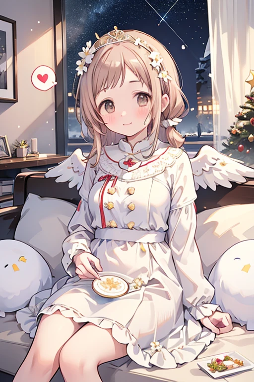 Sakuragi Mano, ((Mega Breasts)),　　(((Starry Sky))), Absolute territory,　　smile, 　((Midnight)), Fluffy,　(Healing), Frills, ((a little white pigeon)), ((feathers)),　brooch, medium hair, best quality, masterpiece, blush, pigeon's blood ruby accessory, light brown hair, 　outside curling hairstyle, side fringe, (forehead : 1.28), left-right symmetry fashion,　Xmas, ((Xmas tree in the room)), ((((white shift dress)))), completely white fashion, ((angel)),　long sleeves, winter, ((((snow)))), light brown hair, light brown eyes, 　living room, Xmas party, present box under Xmas tree, (cake on the dish), sitting on the sofa, eating a piece of cake, quilted skirt, stuffed bird toy, (((white flower crown))),　(white wrist scrunchie), (white ankle scrunchie), ((white wings)), (((spoken heart))), having dish,