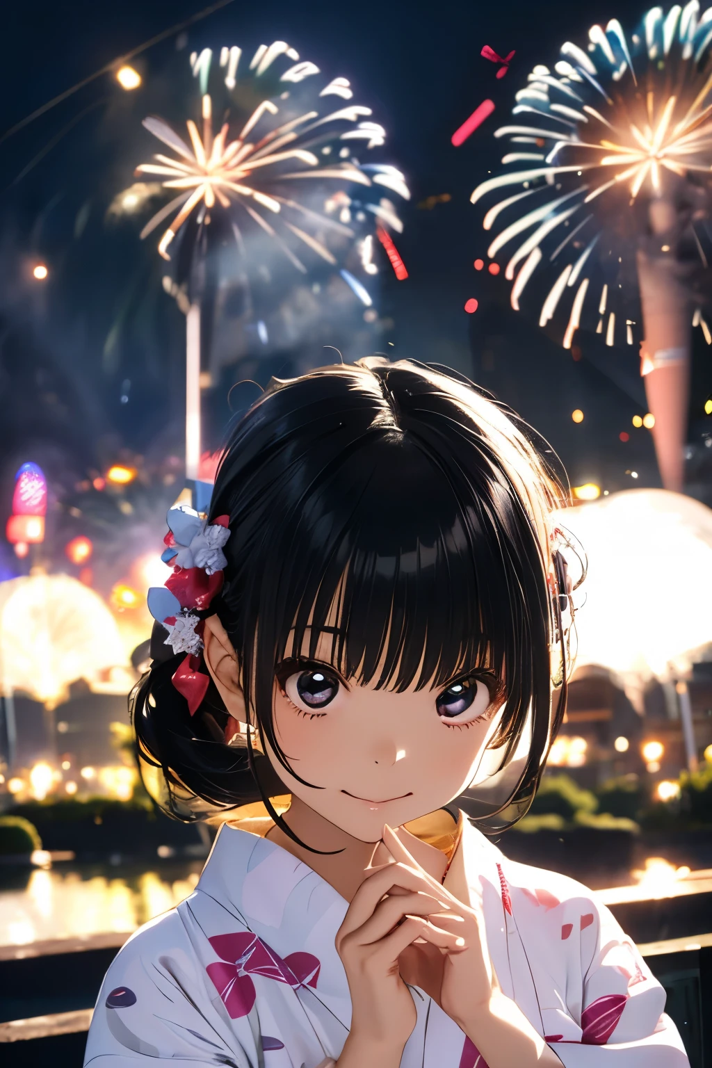 Fireworks　Girl in yukata　 cute face　 semi-long black hair 　 light reflected in the face　fireworks reflected in the eyes 　 night view　Fan　 anatomically correct fingers 　 top quality 　 Masterpiece