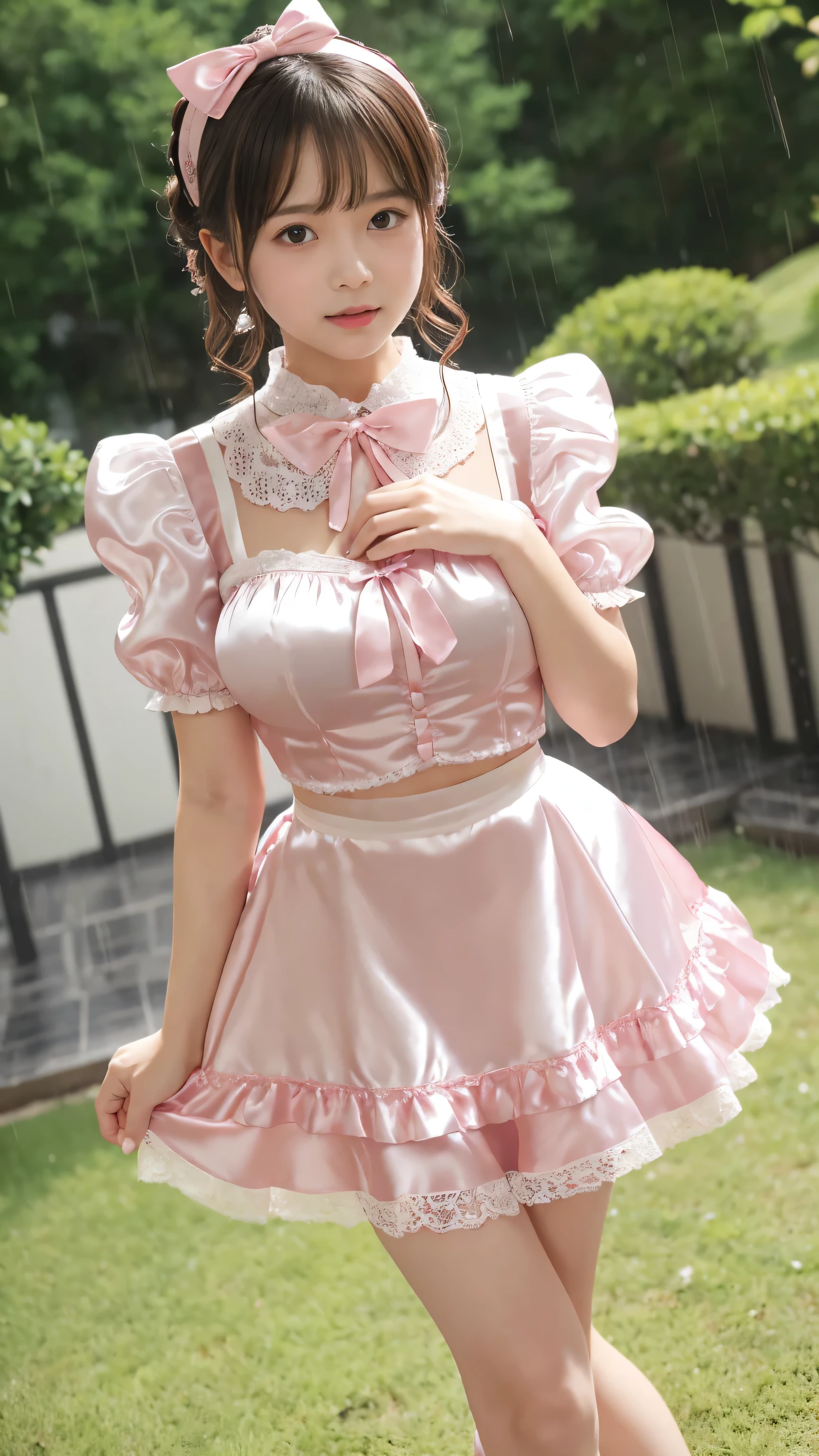 Highest quality、Shiny silk short sleeve puff sleeve pink maid outfit、See-through、Very short skirt、Ribbon with big bell、Round collar、garter belt、Pink high heels with ribbon、Katyusha with ribbon、Flushed Cheeks、Embarrassed look、Close one eye、White underwear、Tucked up、Raindrops、Angle from directly below