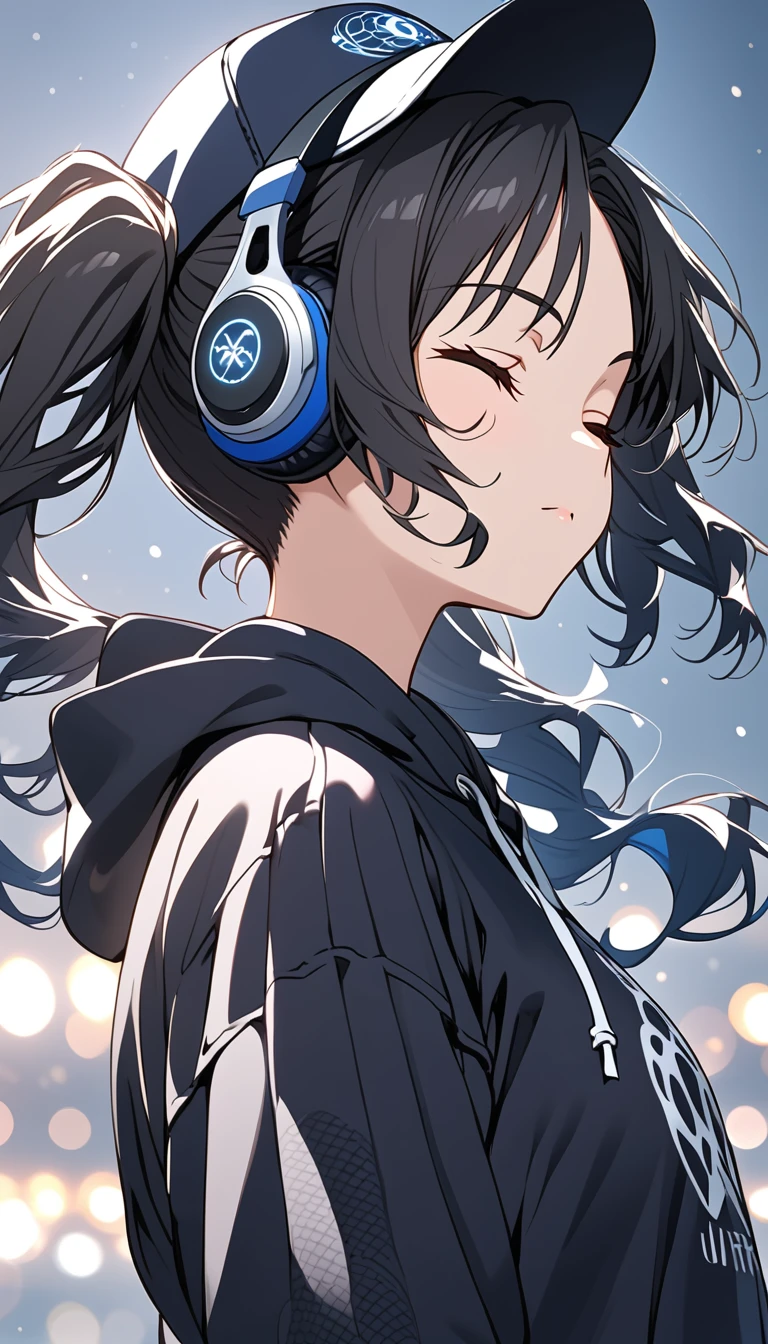 {{{masterpiece}}}, {{{ top quality }}}, {{ ultra detail }}, { beautiful,  detail eyes},  1 girl, Alone, (( black hair)),  pigtails,  (wavy hair ), (pattsun maegami), Black headphones, (cool black patterned hoodie), cool black hat ,( facing sideways ),(( Eyes Closed )), holding a weapon ,pattsun maegami,Midea, Black Hoodie ,
