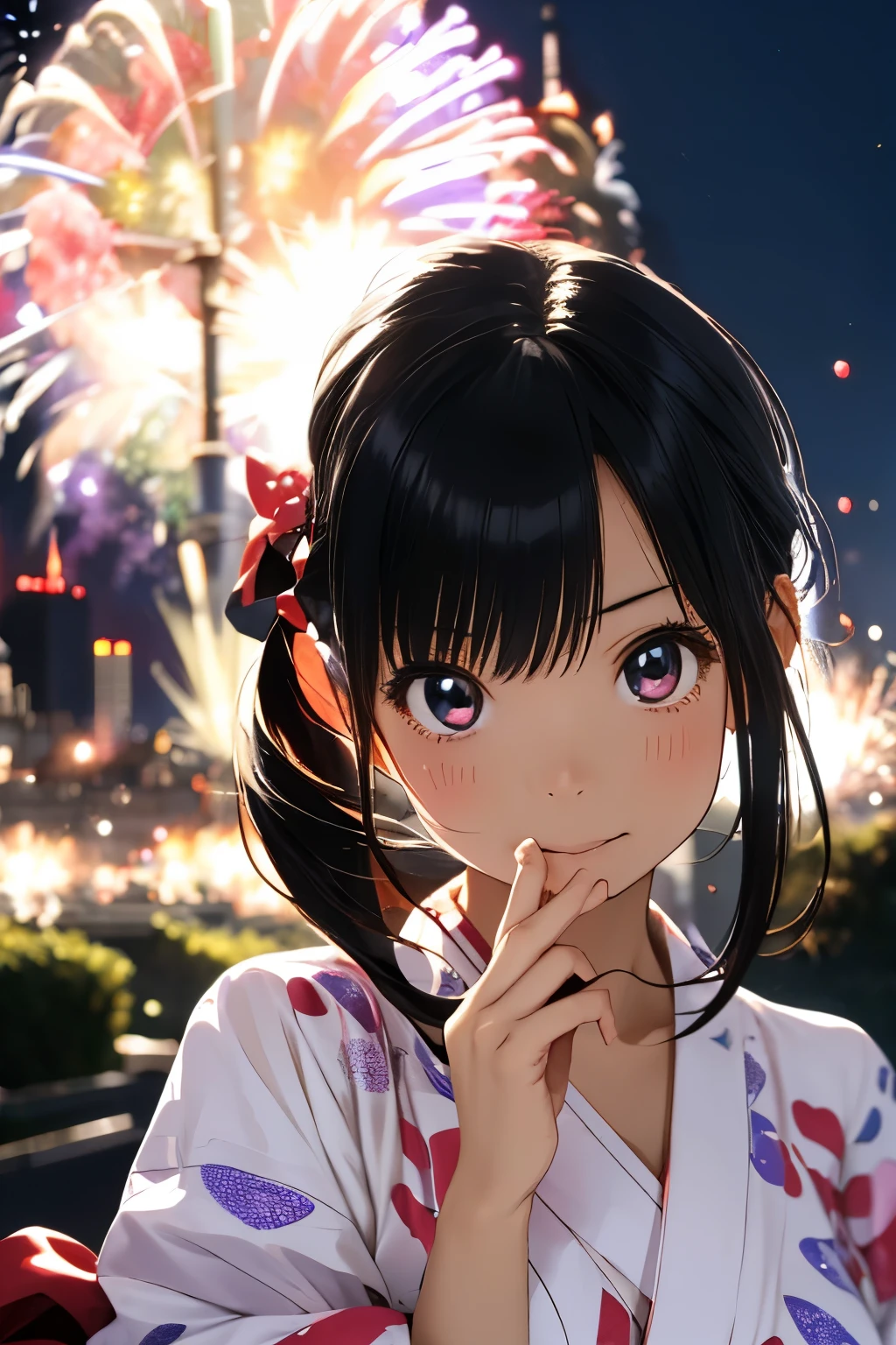 Fireworks　Girl in yukata　 cute face　 semi-long black hair 　 light reflected in the face　fireworks reflected in the eyes 　 night view　 One Big Firework in the Sky　Flowing Fire Powder 　Fan　 anatomically correct fingers 　 Anatomically Correct Hand 　 top quality 　 Masterpiece