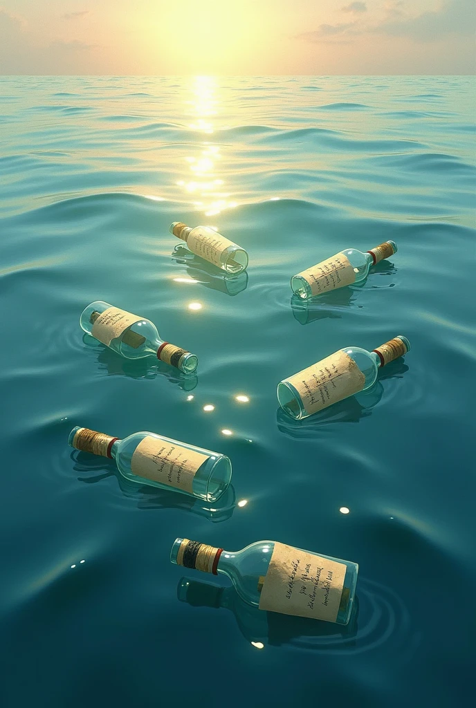 Several bottles containing written messages thrown into the sea 