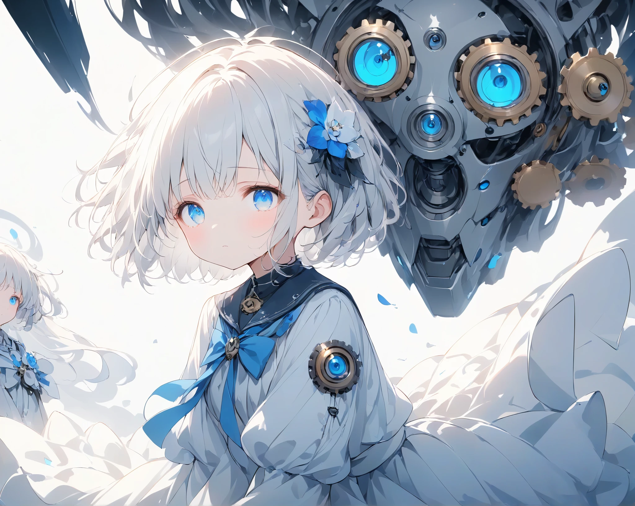 mechanical girl 、 white long skirt and clothes 、White Hair、 blue eyes、 short hair、gear、 illustration based on white and blue、Ephemeral and sad image ソロ, 1人の女の子, ロボットと女の子