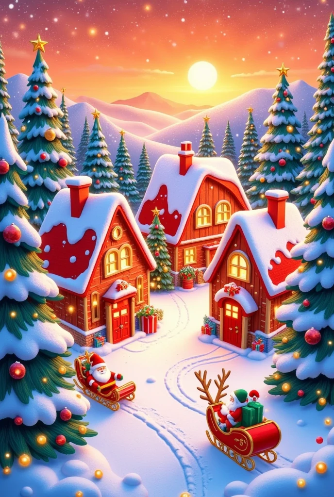 A beautiful Christmas village with red houses in the snow, snow-covered trees, orange sky, illustration style, warm light, Christmas atmosphere, Christmas card background, red and white palette, bright colors, hyper-realistic, high resolution, high quality, high detail, HDR, high angle view, panoramic shot 