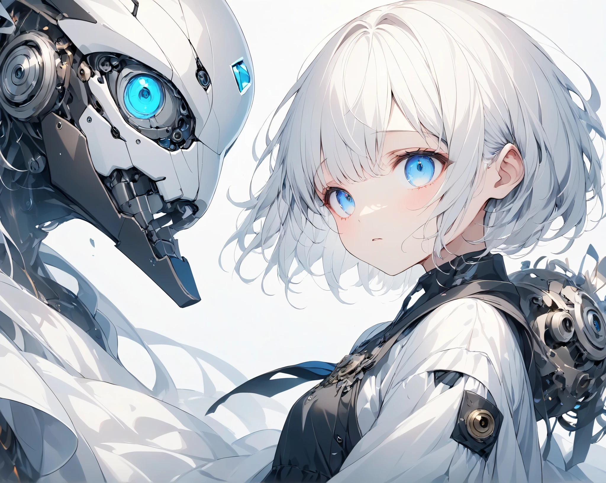  mechanical girl 、 white long skirt and clothes 、White Hair、 blue eyes、 short hair、gear、 illustration based on white and blue、Ephemeral and sad image ソロ,  1 girl,A slightly creepy humanoid robot after a girl