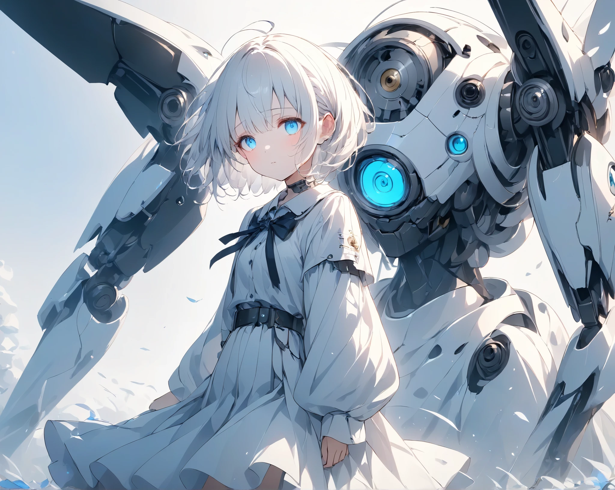  mechanical girl 、 white long skirt and clothes 、White Hair、 blue eyes、 short hair、gear、 illustration based on white and blue、Ephemeral and sad image ソロ,  1 girl,Humanoid robot