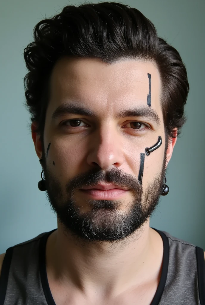 Super high close up photograph of a male face, hair slicked back, (he has cyberware lines embedded in her face), his face is embedded with mechanical implants under her chest skin, skin ripped open, looking at the camera, promotional cover photograph, title cover, photograph shot by Ingrid Baars,