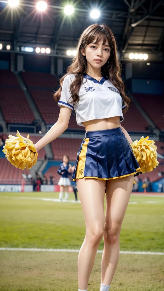 A beautiful young Japanese woman, 20 years old, with perfect anatomy, healthy thighs, beautiful feet, flawless skin, random hair color and style, large bust, (she is standing:1.2), wearing a cheerleader uniform with micro-pleated miniskirt, in a full body shot, standing in a stadium, (best quality,4k,8k, highres, masterpiece:1.3), (extremely detailed:1.2), Haruna Kawaguchi