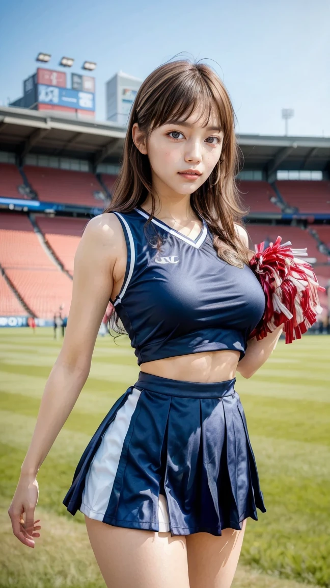 A beautiful young Japanese woman, 20 years old, with perfect anatomy, healthy thighs, beautiful feet, flawless skin, random hair color and style, large bust, (she is standing:1.2), wearing a cheerleader uniform with micro-pleated miniskirt, in a full body shot, standing in a stadium, (best quality,4k,8k, highres, masterpiece:1.3), (extremely detailed:1.2), Haruna Kawaguchi