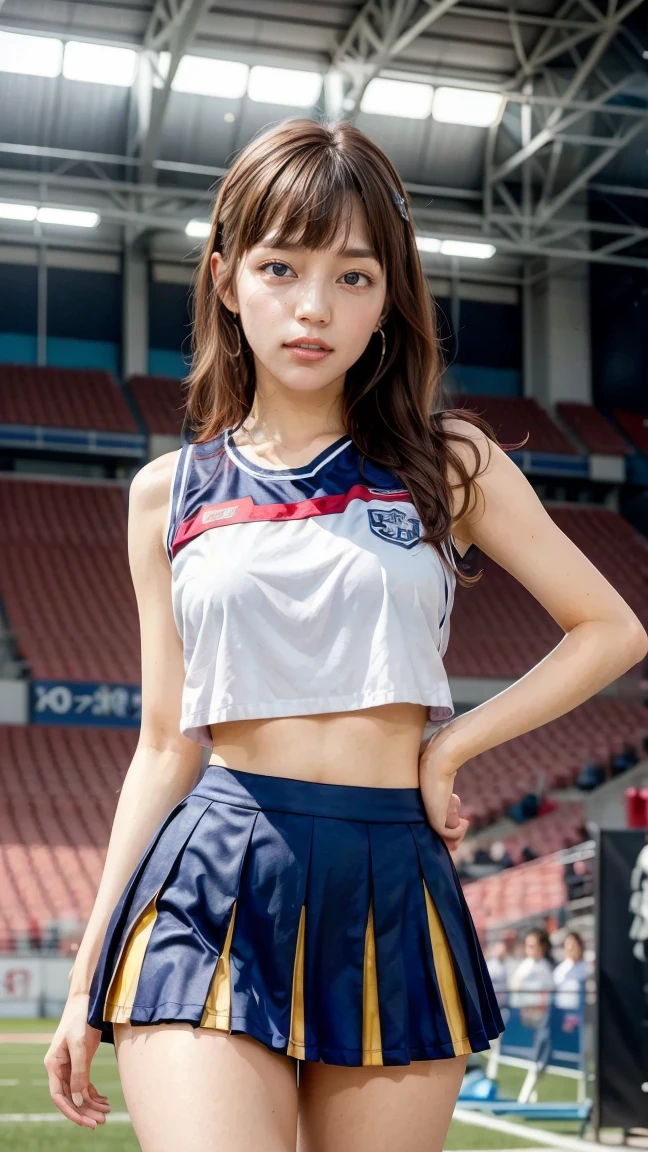 A beautiful young Japanese woman, 20 years old, with perfect anatomy, healthy thighs, beautiful feet, flawless skin, random hair color and style, large bust, (she is standing:1.2), wearing a cheerleader uniform with micro-pleated miniskirt, in a full body shot, standing in a stadium, (best quality,4k,8k, highres, masterpiece:1.3), (extremely detailed:1.2), Haruna Kawaguchi