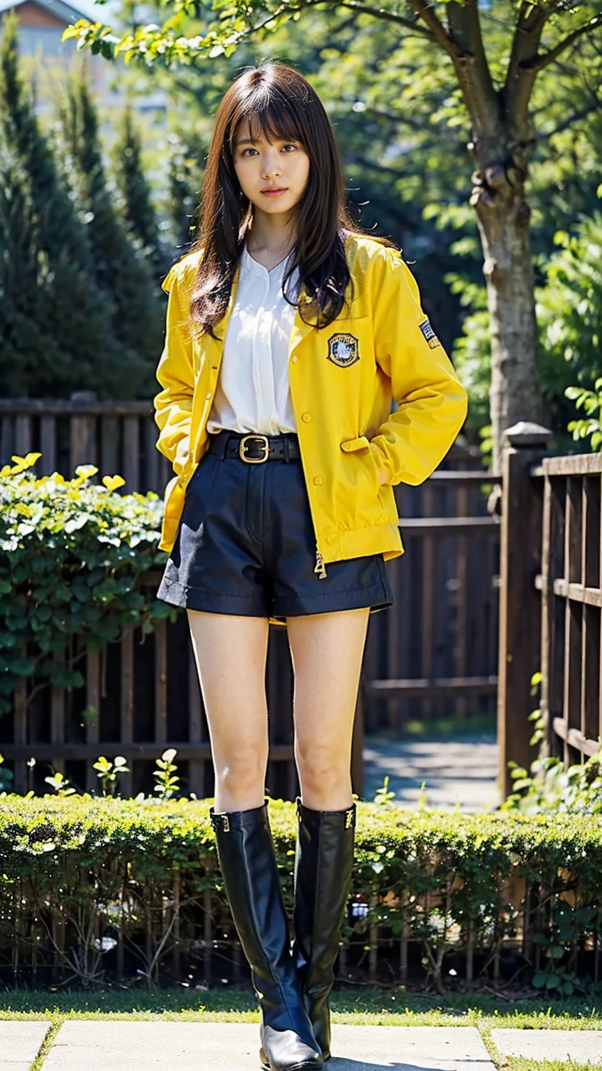 (8k、     RAW photos   、   top quality、masterpiece   :1.2)、(   realistic   、   realistic   )、1 person、((yellow、bangs、 jacket、Hero Mark 、belt、 Shorts 、 Frills、garden、 black long boots 、Thin legs、whole body、 Hands on her hips 、  is standing facing you   )、cute