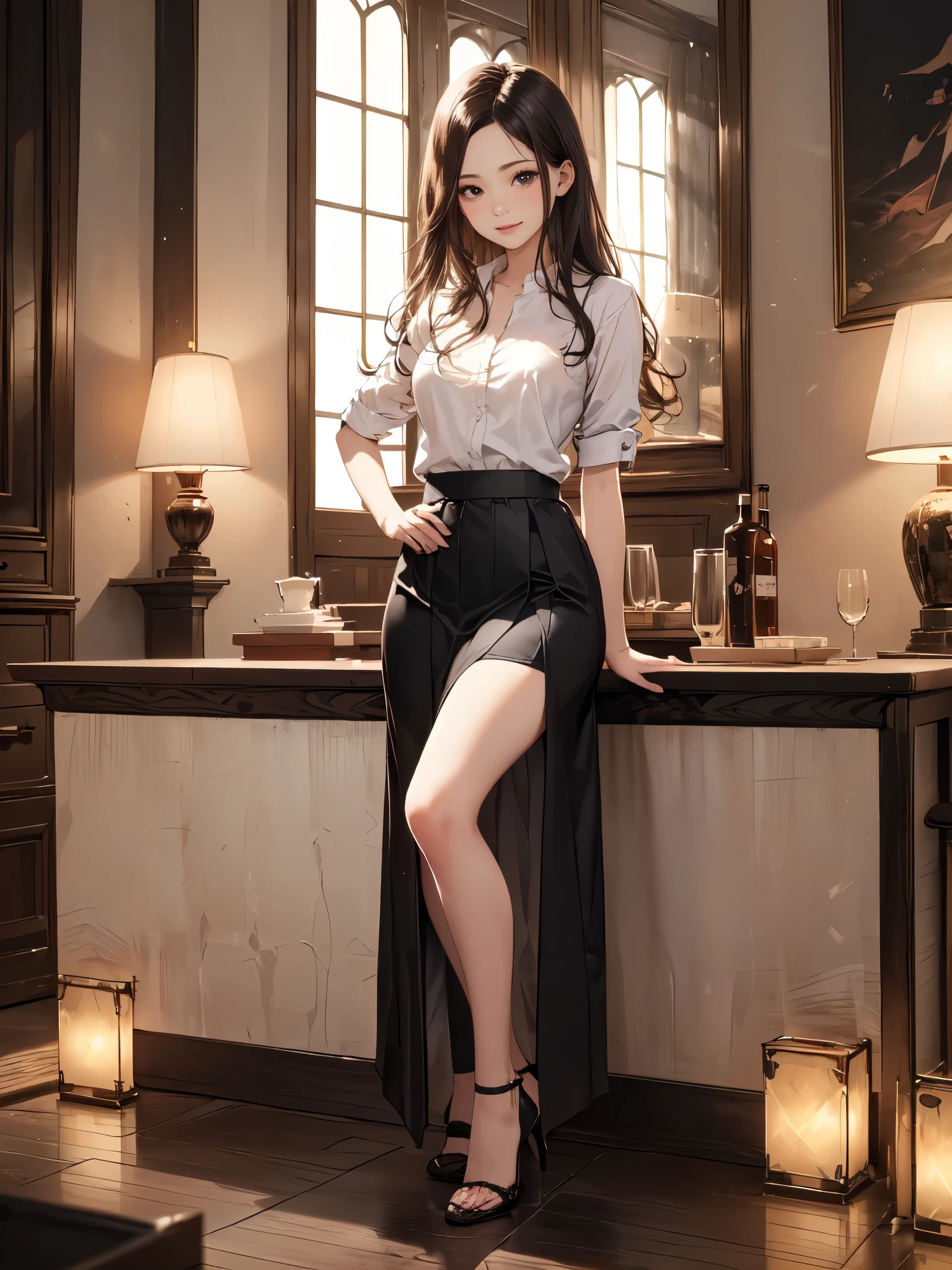 NSFW,(Natural finger shape:1.5),((Full Body Shot,Including face)),Standing position,4K,masterpiece,((Focus on the face)),((Symmetrical facial features)),Eye for detailed depiction,Beautiful woman,Excellent style,Beautiful feet,(Small Ass,Thin thighs),(Black Stockings:2,High heels),Facial detailing,Small earrings,necklace,Low angle photo,((Knitted sleeveless top,Long skirt)),Lying on the tiles,blue blonde,(Panty shot:1.5)